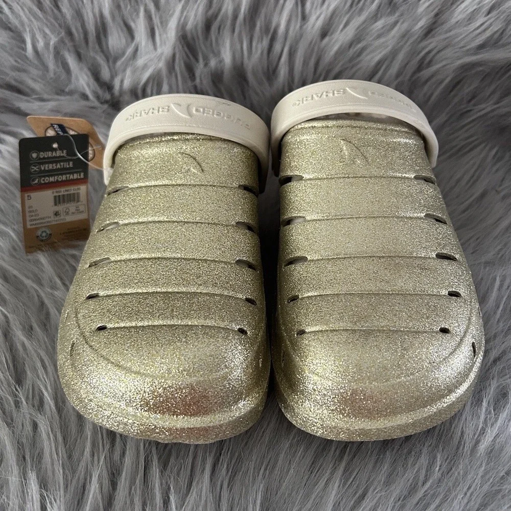 Rugged Shark Clogs Girls Size 5 Sparkly Gold Lined Slip On Shoes Sandals